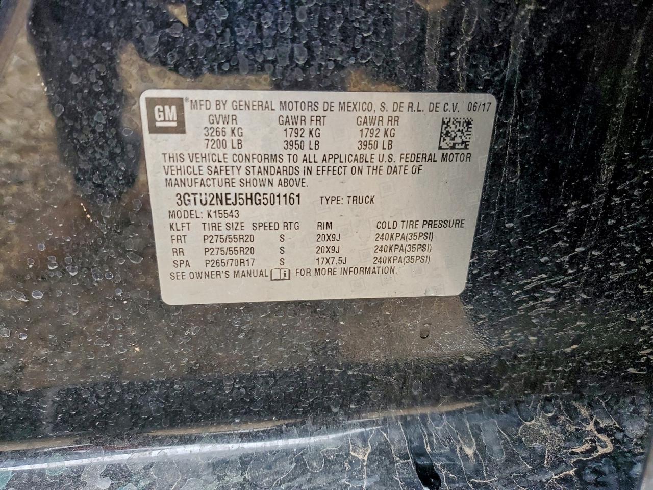 2017 GMC Sierra K1500 Slt VIN: 3GTU2NEJ5HG501161 Lot: 93947715