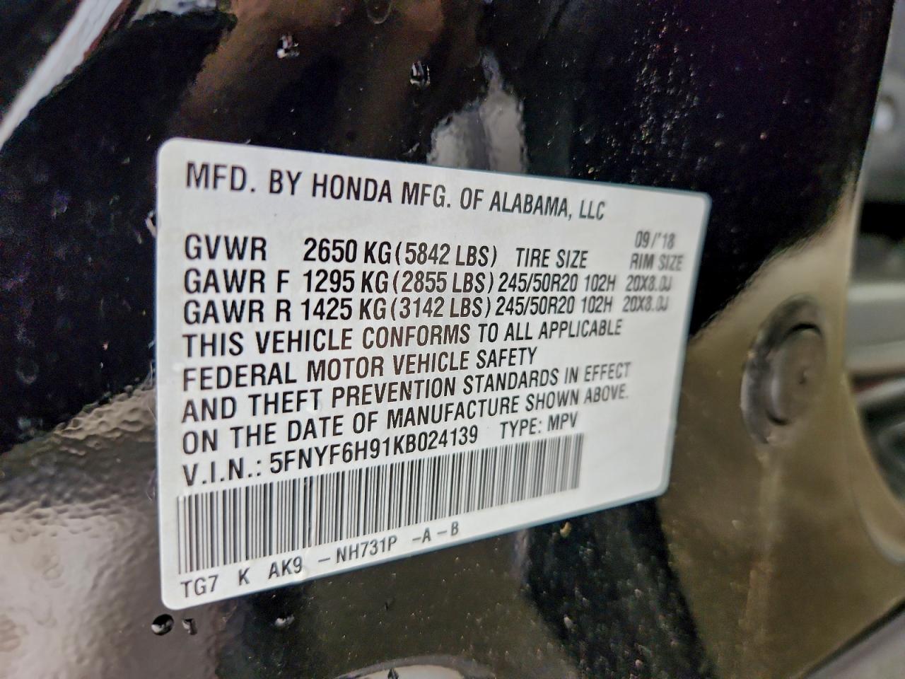 2019 Honda Pilot Touring VIN: 5FNYF6H91KB024139 Lot: 94027775