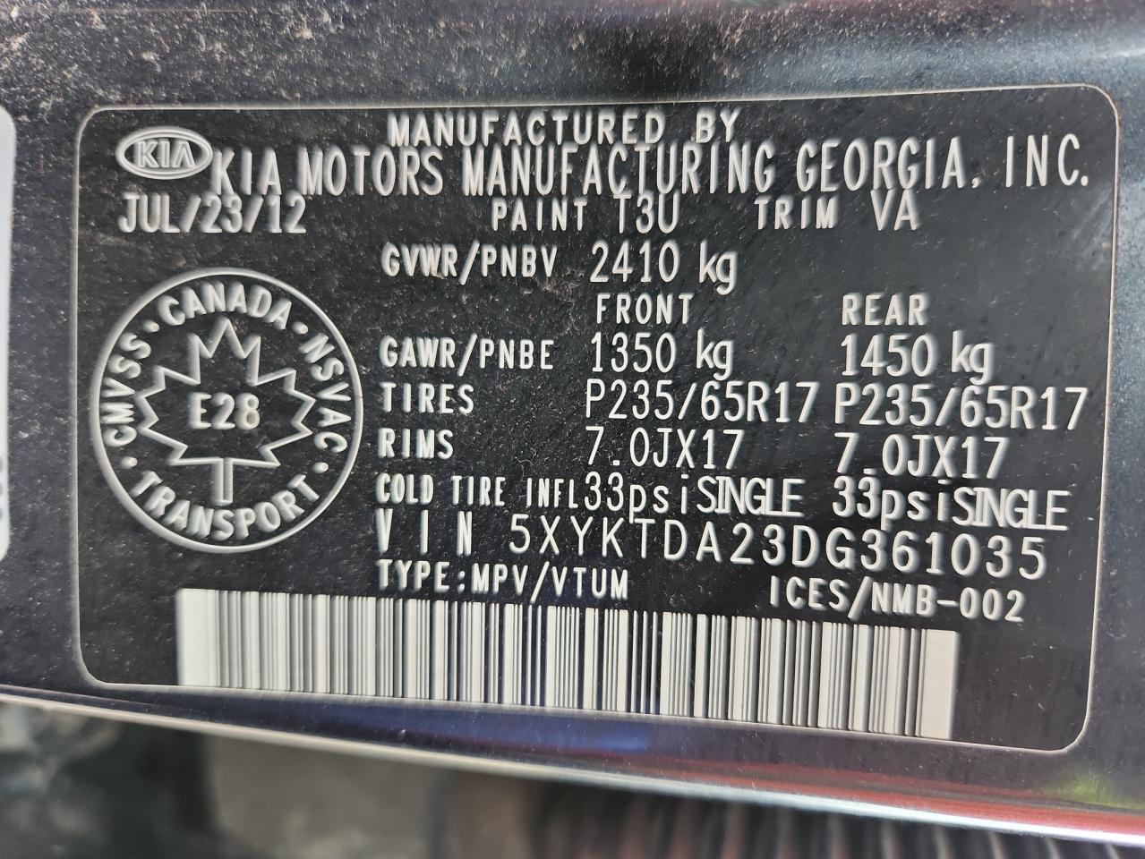 2013 Kia Sorento Lx VIN: 5XYKTDA23DG361035 Lot: 91943005