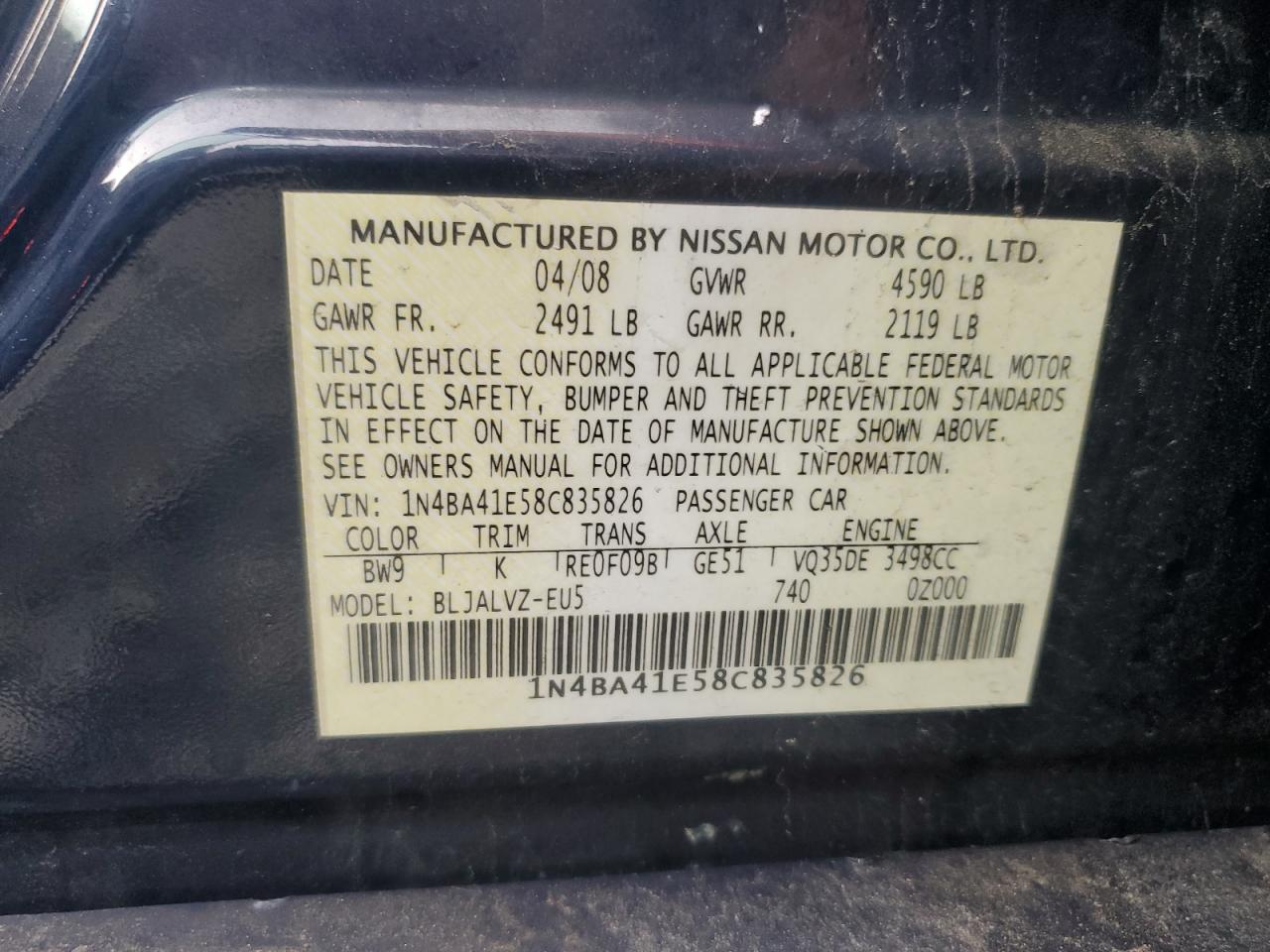 2008 Nissan Maxima Se VIN: 1N4BA41E58C835826 Lot: 91235475