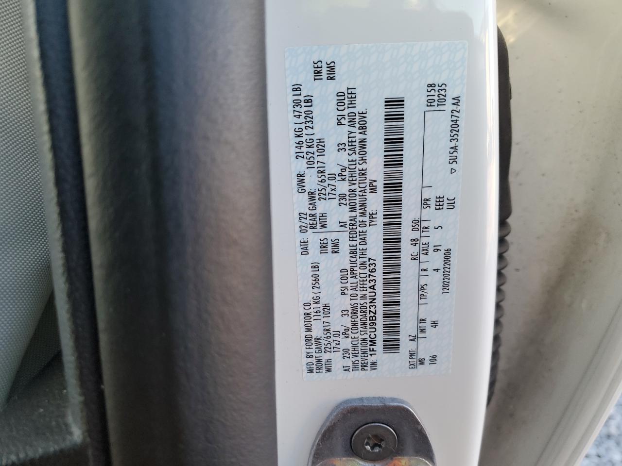 2022 Ford Escape Se VIN: 1FMCU9BZ3NUA37637 Lot: 92650365