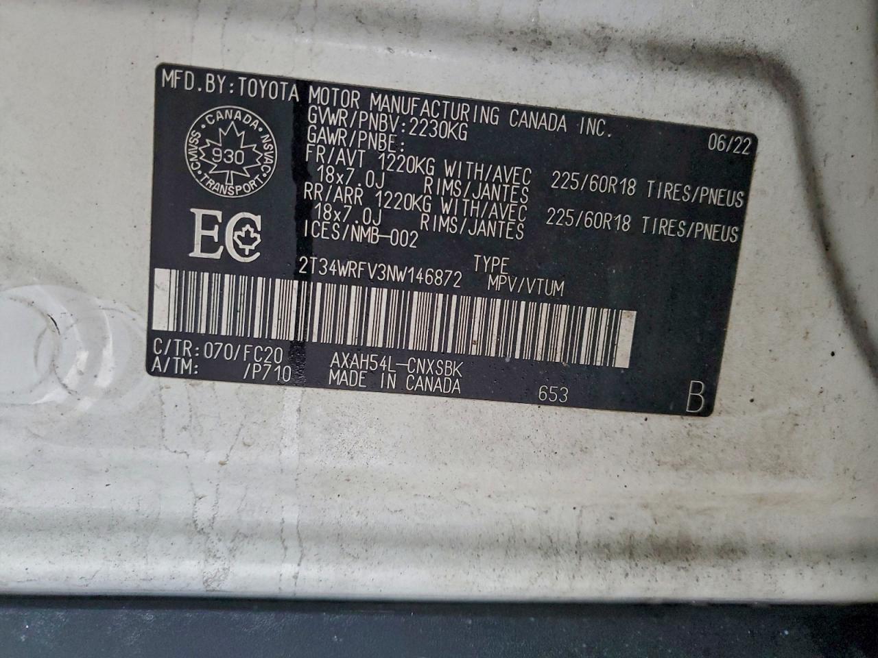 2022 Toyota Rav4 Se VIN: 2T34WRFV3NW146872 Lot: 92190185