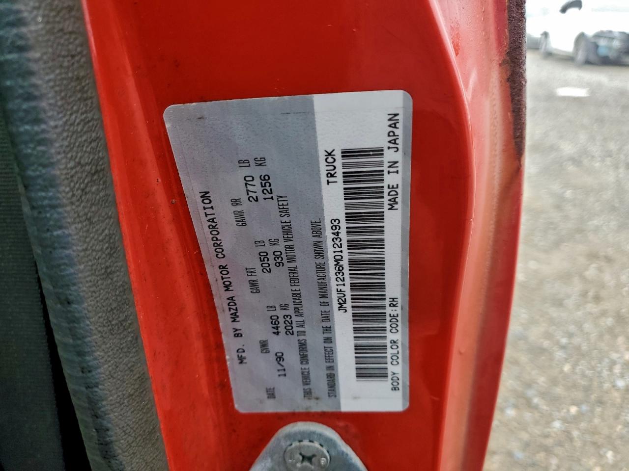 1991 Mazda B2200 Short Bed VIN: JM2UF1236M0123493 Lot: 93346765