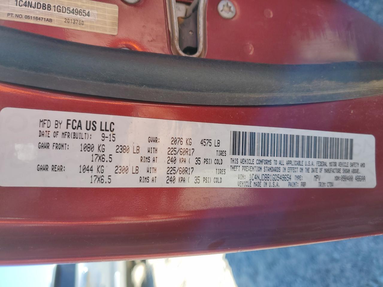 2016 Jeep Compass Sport VIN: 1C4NJDBB1GD549654 Lot: 91109285