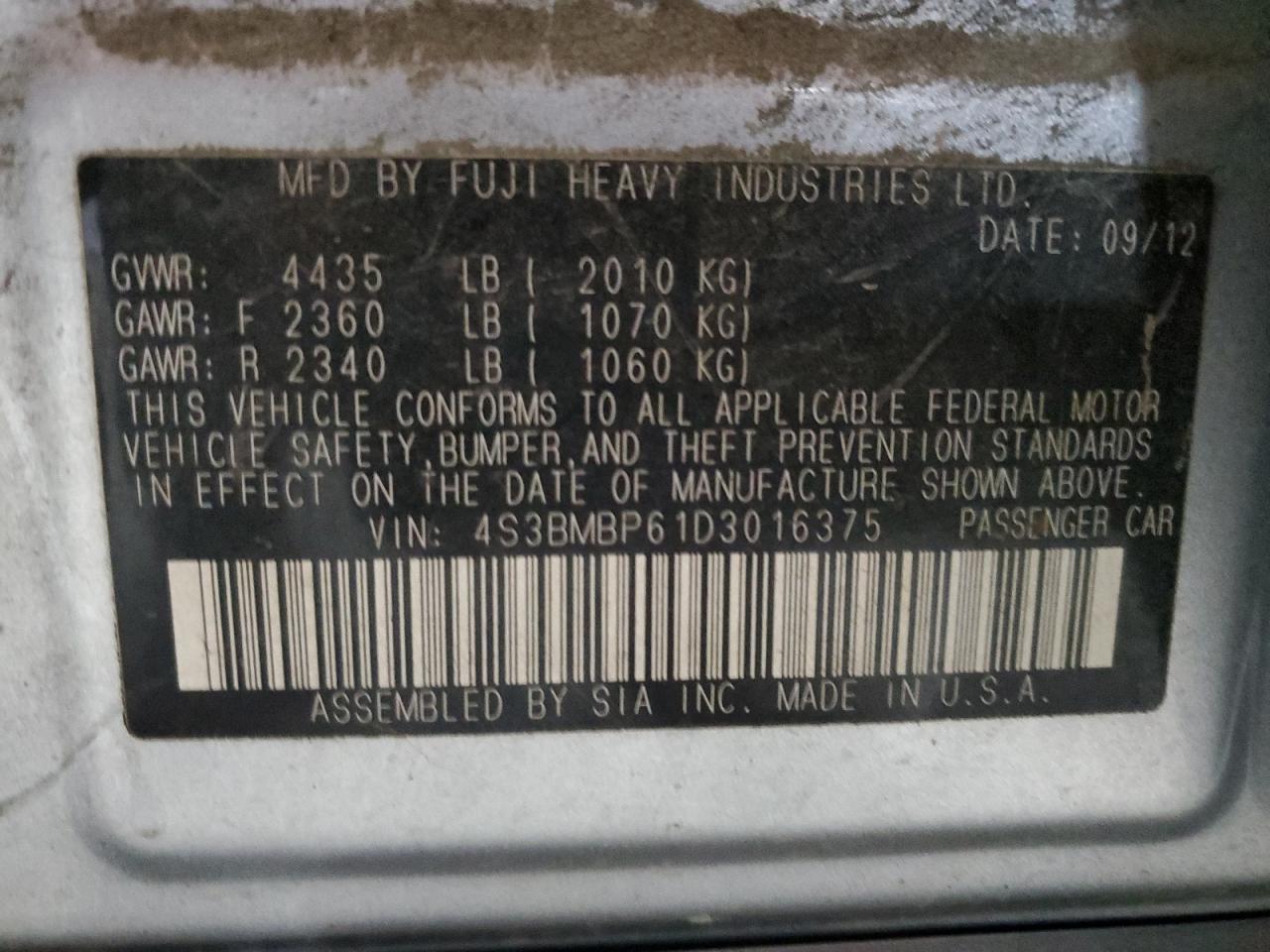 2013 Subaru Legacy 2.5I Limited VIN: 4S3BMBP61D3016375 Lot: 92736215