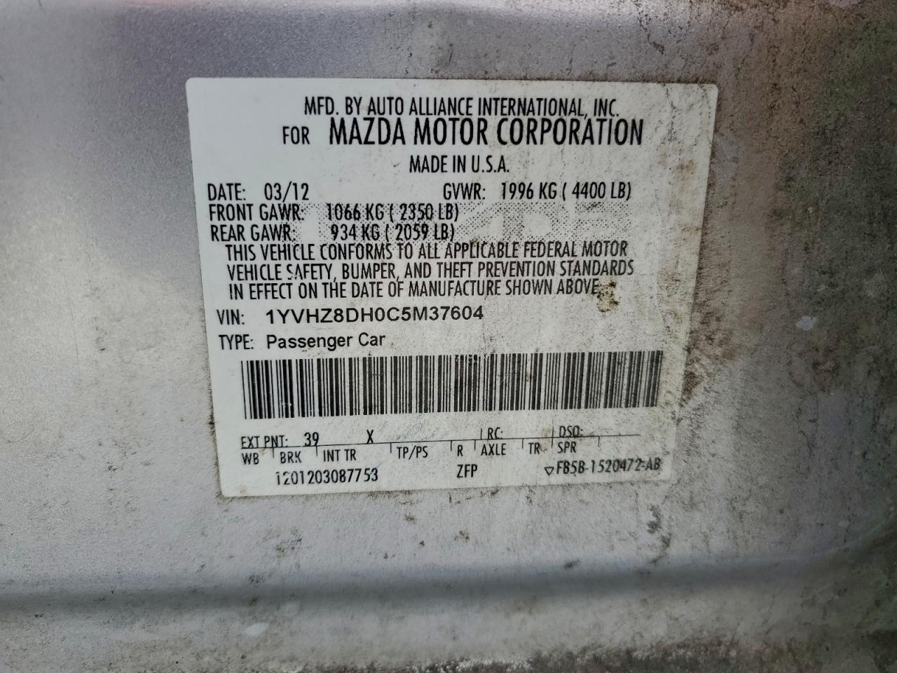 2012 Mazda 6 I VIN: 1YVHZ8DH0C5M37604 Lot: 94060125