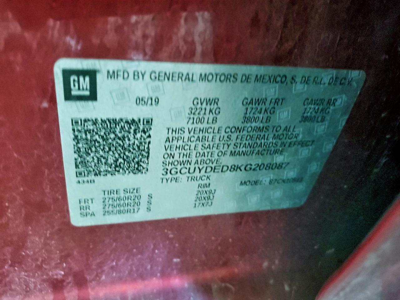 2019 Chevrolet Silverado K1500 Lt VIN: 3GCUYDED8KG208087 Lot: 93882345