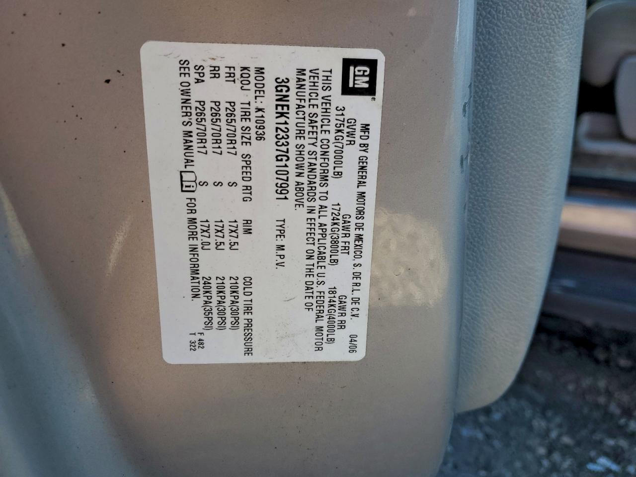 2007 Chevrolet Avalanche K1500 VIN: 3GNEK12337G107991 Lot: 94484315