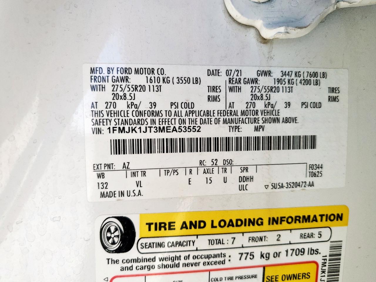 2021 Ford Expedition Max Xlt VIN: 1FMJK1JT3MEA53552 Lot: 90859395
