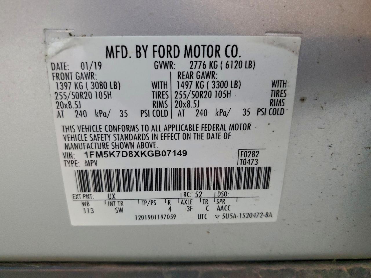 2019 Ford Explorer Xlt VIN: 1FM5K7D8XKGB07149 Lot: 94220425