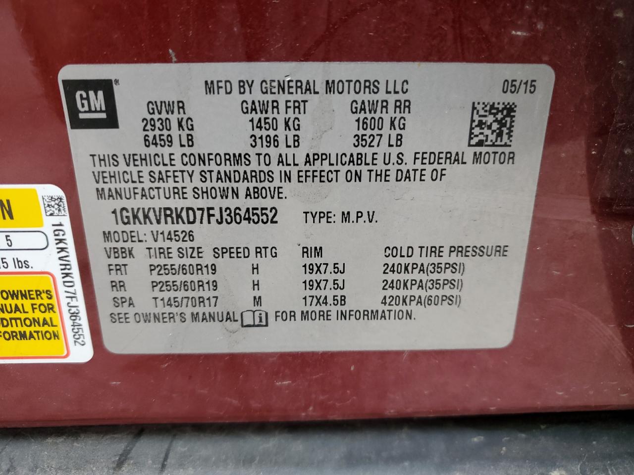 2015 GMC Acadia Slt-1 VIN: 1GKKVRKD7FJ364552 Lot: 92888535