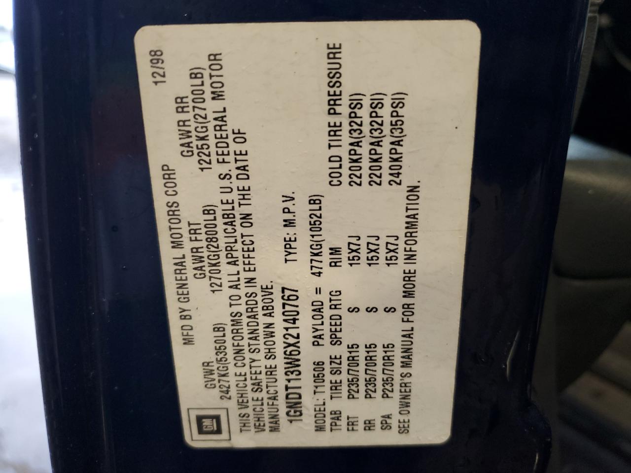 1999 Chevrolet Blazer VIN: 1GNDT13W6X2140767 Lot: 93349665