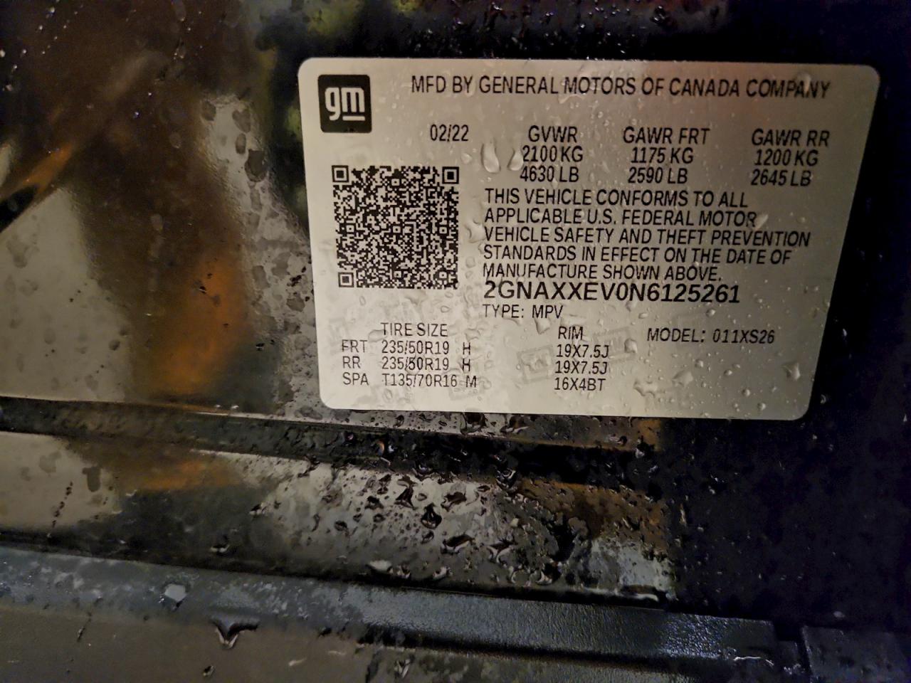 2022 Chevrolet Equinox Premier VIN: 2GNAXXEV0N6125261 Lot: 94280455