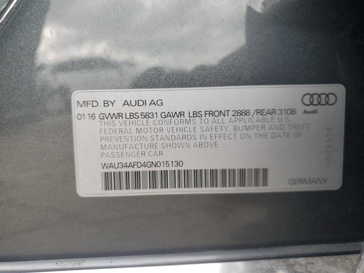 2016 Audi A8 L Quattro VIN: WAU34AFD4GN015130 Lot: 92651985