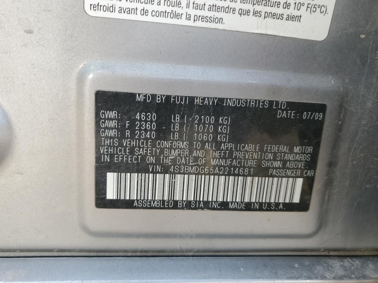 2010 Subaru Legacy 3.6R Premium VIN: 4S3BMDG65A2214681 Lot: 92565635