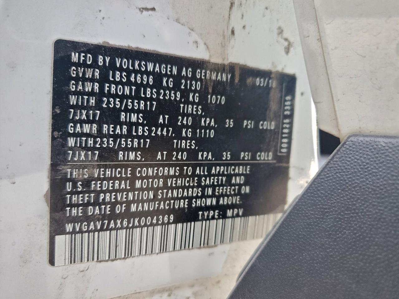 2018 Volkswagen Tiguan Limited VIN: WVGAV7AX6JK004369 Lot: 94653655