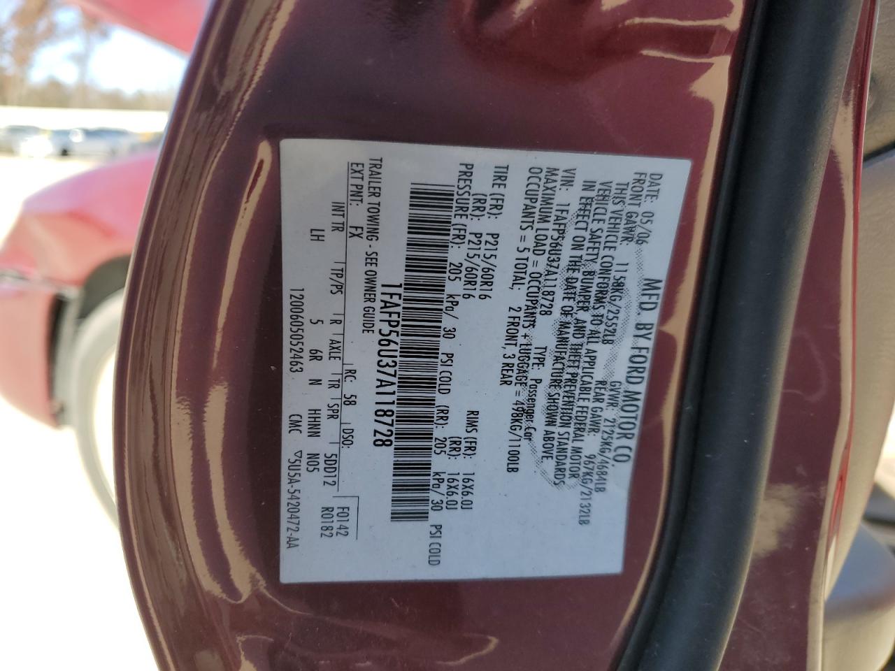 2007 Ford Taurus Sel VIN: 1FAFP56U37A118728 Lot: 91313455