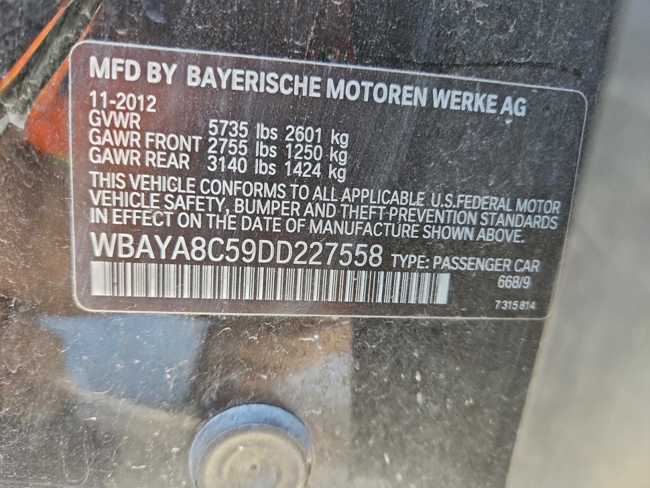 2013 BMW 750 I VIN: WBAYA8C59DD227558 Lot: 93781305