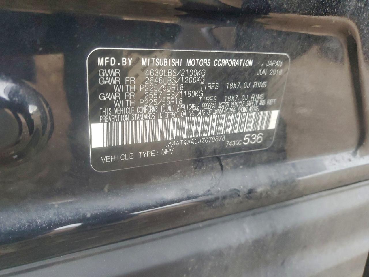 2018 Mitsubishi Eclipse Cross Le VIN: JA4AT4AA0JZ070678 Lot: 93463715