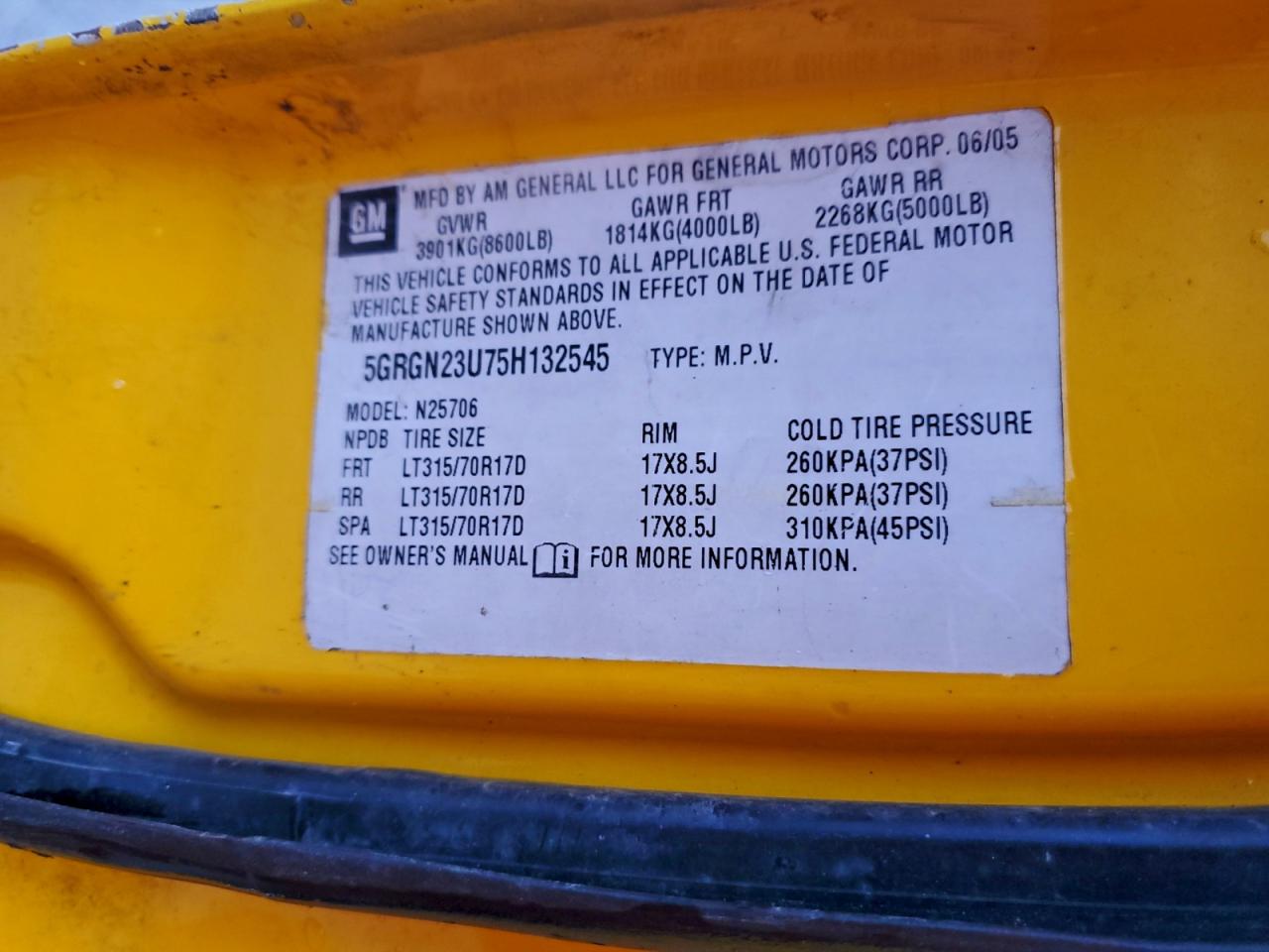 2005 Hummer H2 VIN: 5GRGN23U75H132545 Lot: 94287115