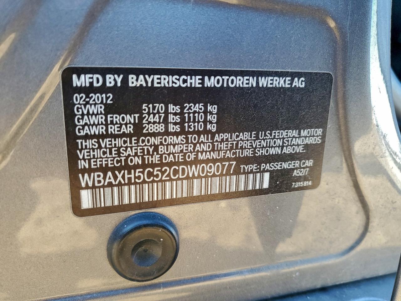 2012 BMW 528 Xi VIN: WBAXH5C52CDW09077 Lot: 94456815