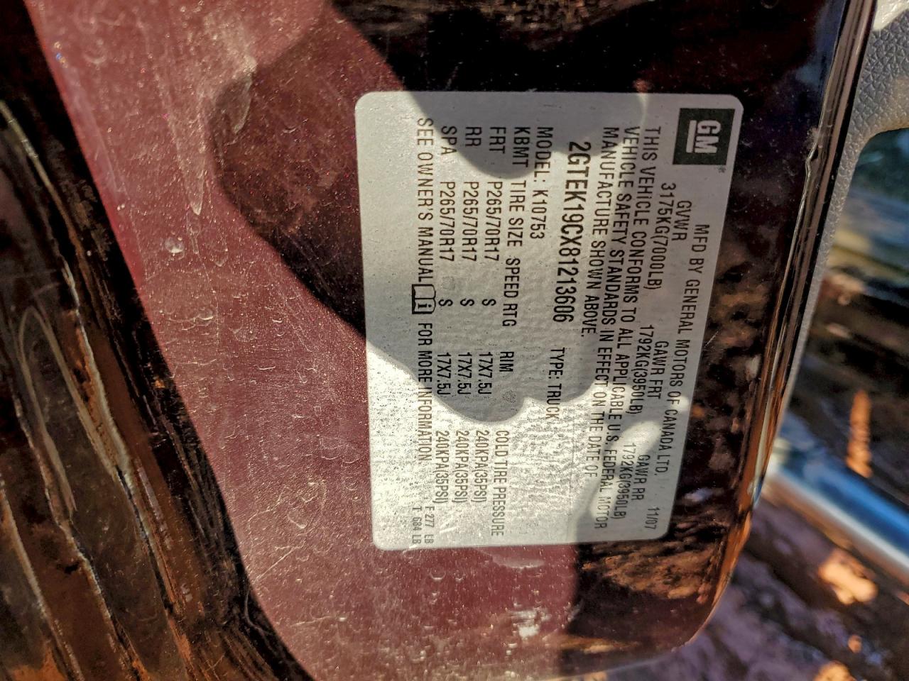 2008 GMC Sierra K1500 VIN: 2GTEK19CX81213606 Lot: 93923065