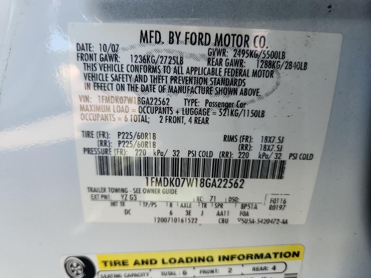 2008 Ford Taurus X Eddie Bauer VIN: 1FMDK07W18GA22562 Lot: 92623005