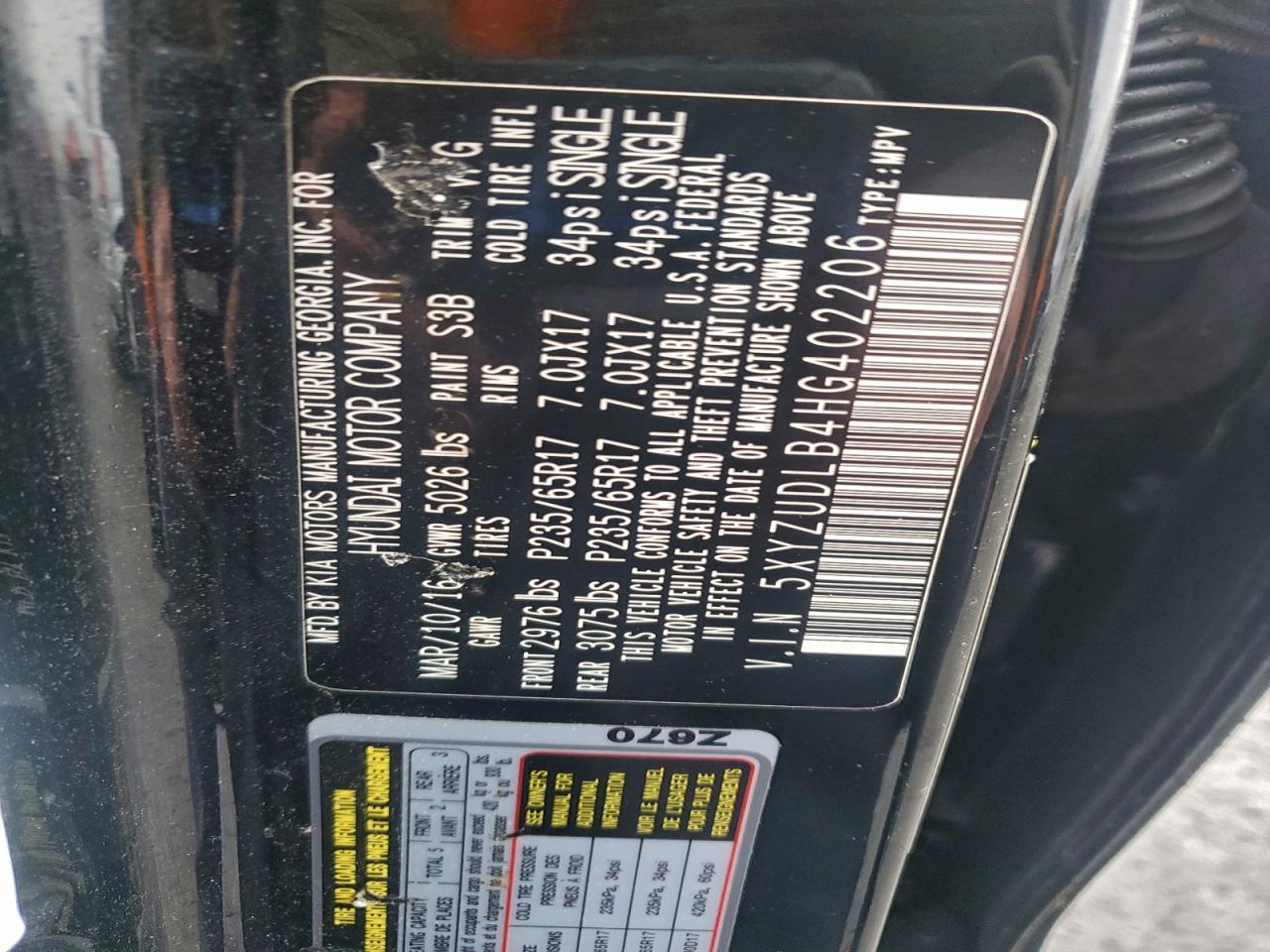 2017 Hyundai Santa Fe Sport VIN: 5XYZUDLB4HG402206 Lot: 94678095