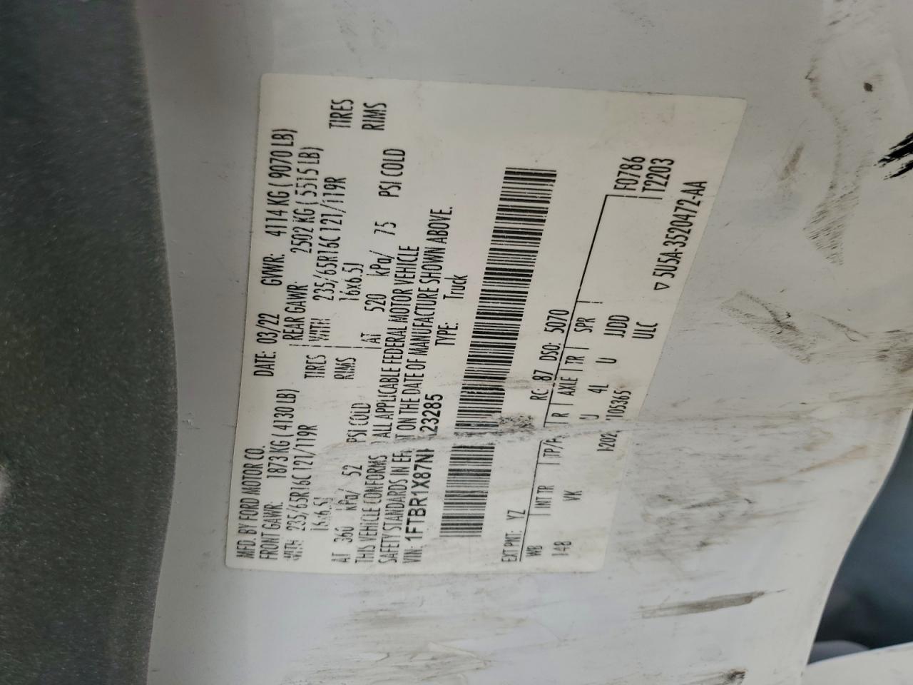 2022 Ford Transit T-250 VIN: 1FTBR1X87NKA23285 Lot: 92038395