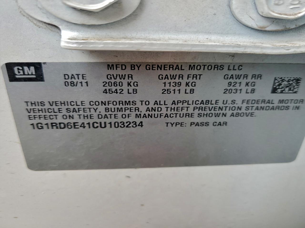 2012 Chevrolet Volt VIN: 1G1RD6E41CU103234 Lot: 93196045