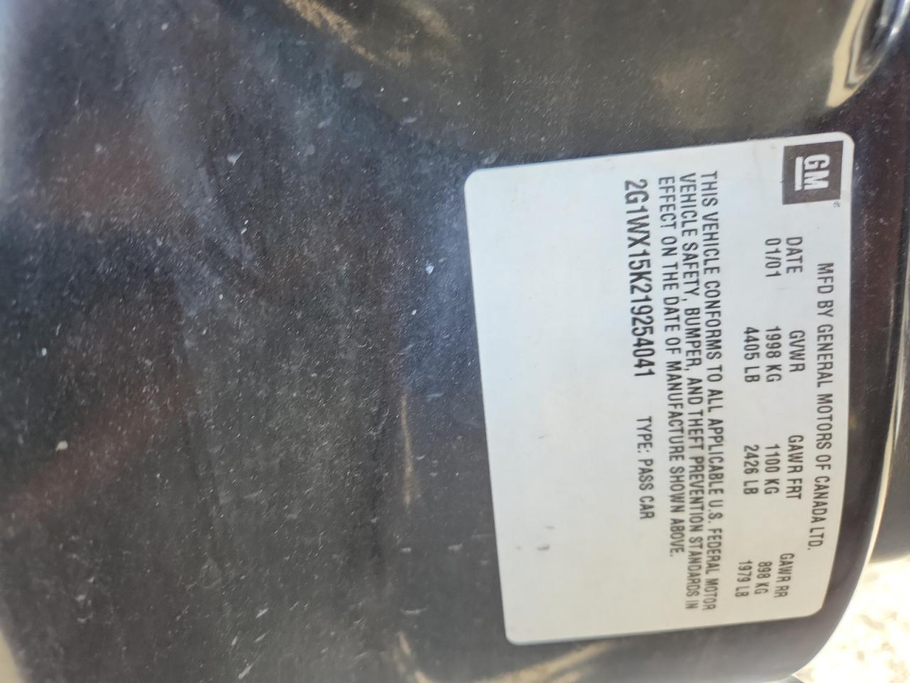 2001 Chevrolet Monte Carlo Ss VIN: 2G1WX15K219254041 Lot: 93079145