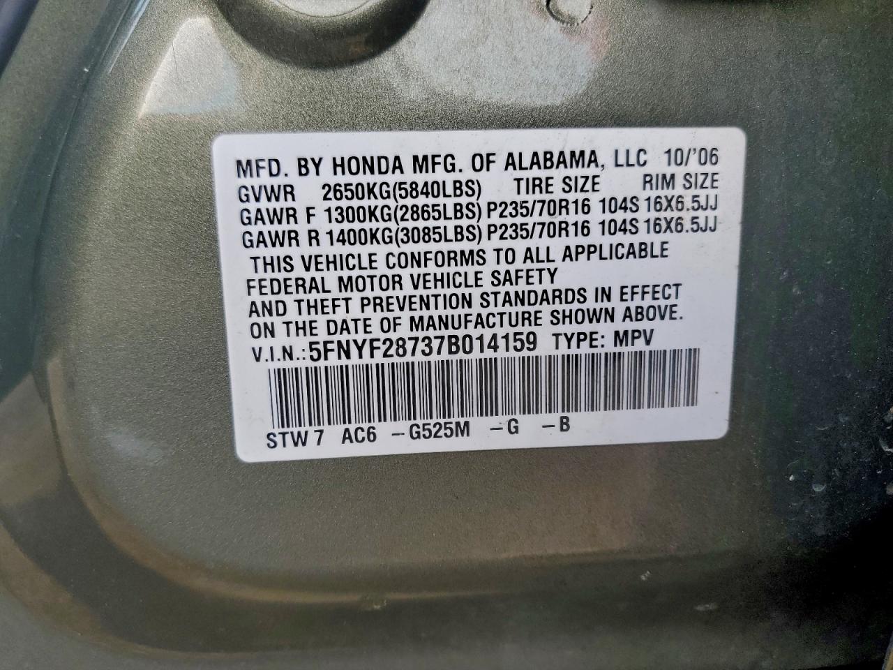 2007 Honda Pilot Exl VIN: 5FNYF28737B014159 Lot: 94254285