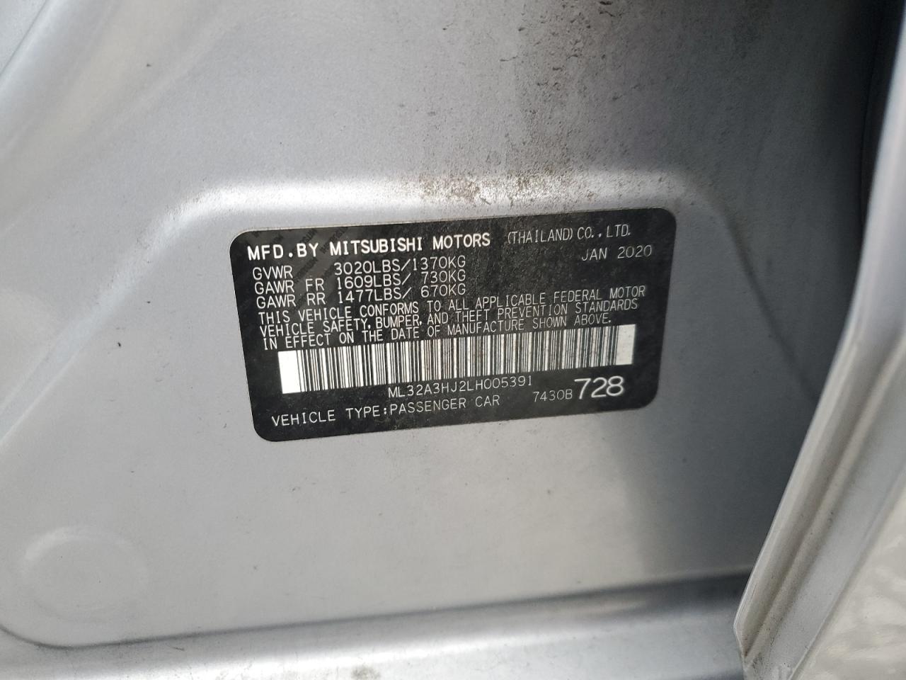 2020 Mitsubishi Mirage Es VIN: ML32A3HJ2LH005391 Lot: 92171145