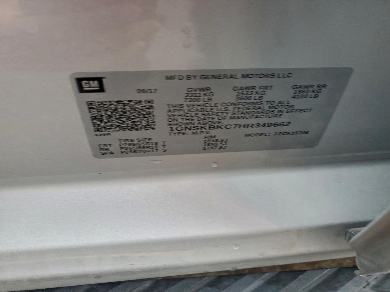 2017 Chevrolet Tahoe K1500 Lt VIN: 1GNSKBKC7HR349662 Lot: 94233205