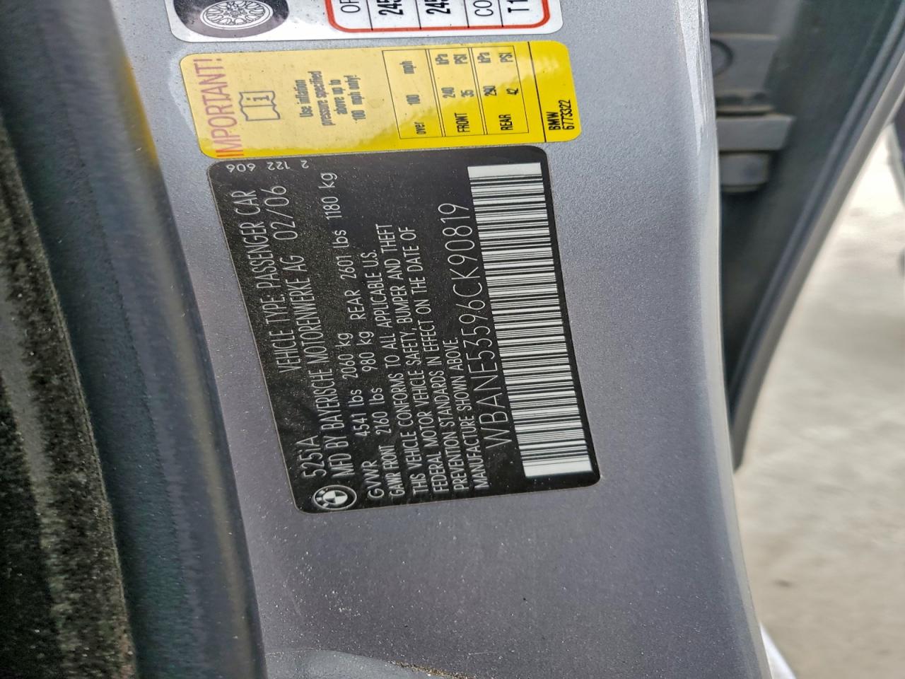 2006 BMW 525 I VIN: WBANE53596CK90819 Lot: 94095705