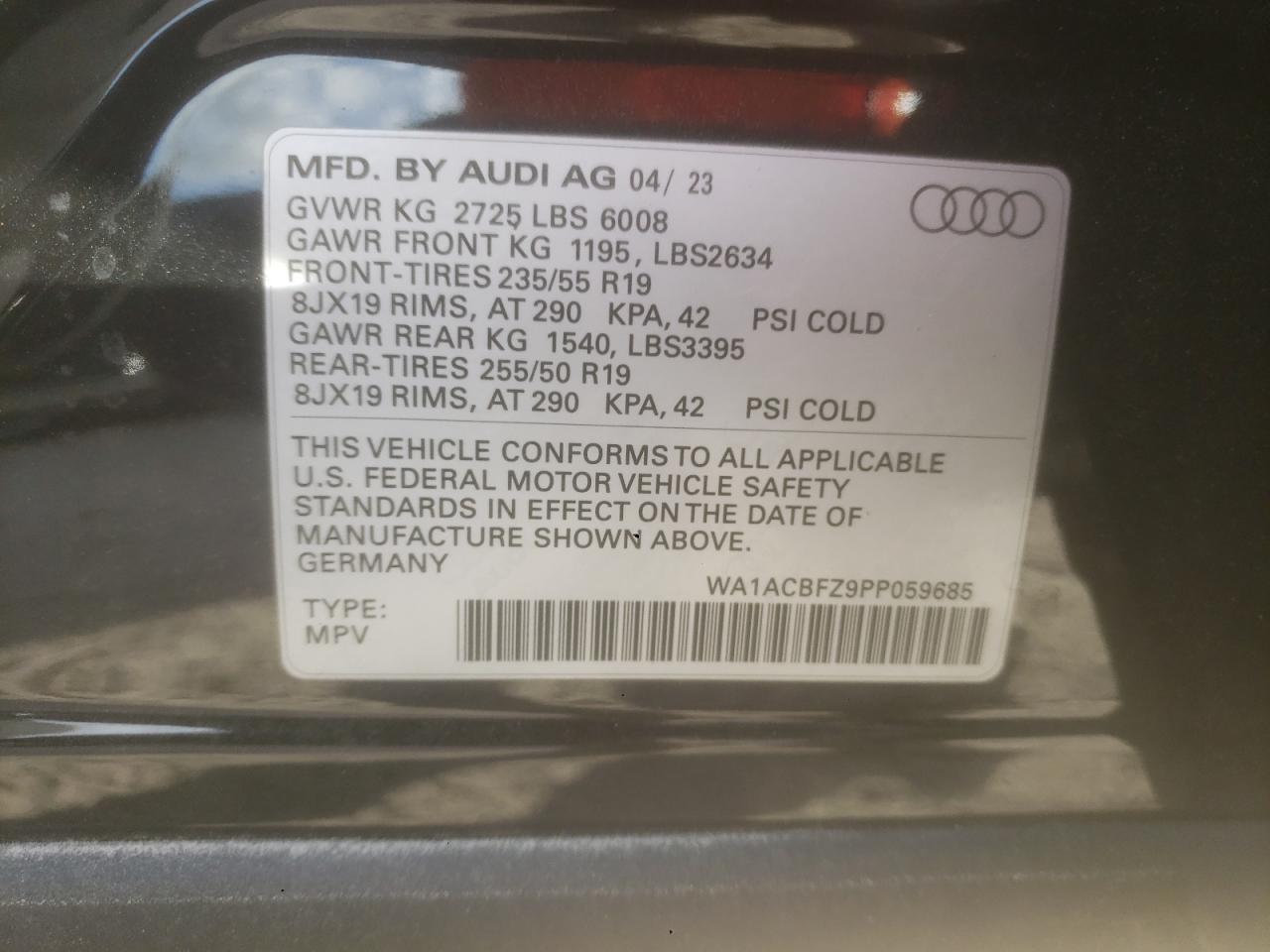 2023 Audi Q4 E-Tron Premium VIN: WA1ACBFZ9PP059685 Lot: 91209545