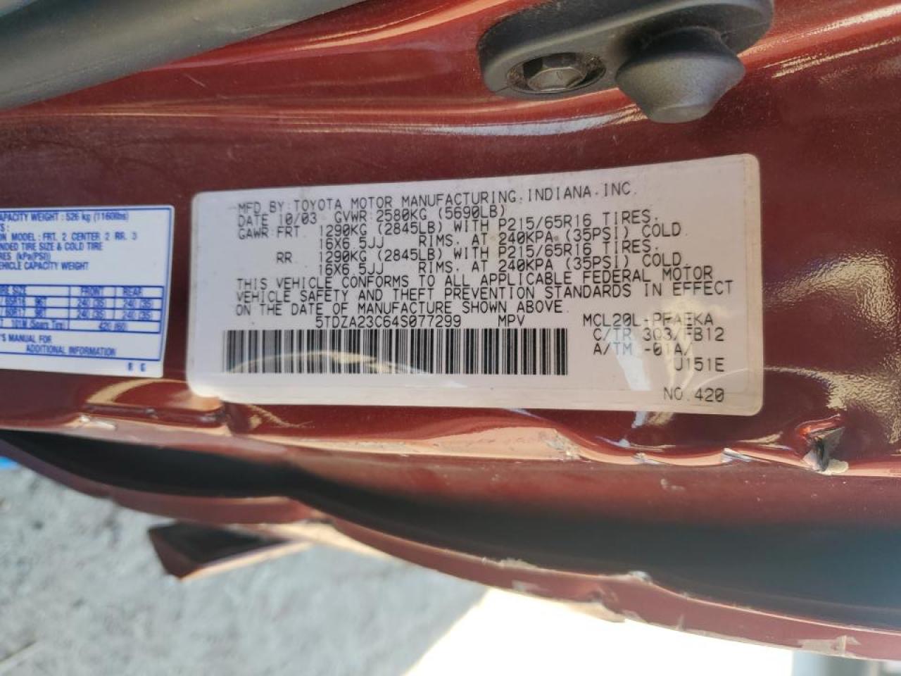 2004 Toyota Sienna Ce VIN: 5TDZA23C64S077299 Lot: 91737035