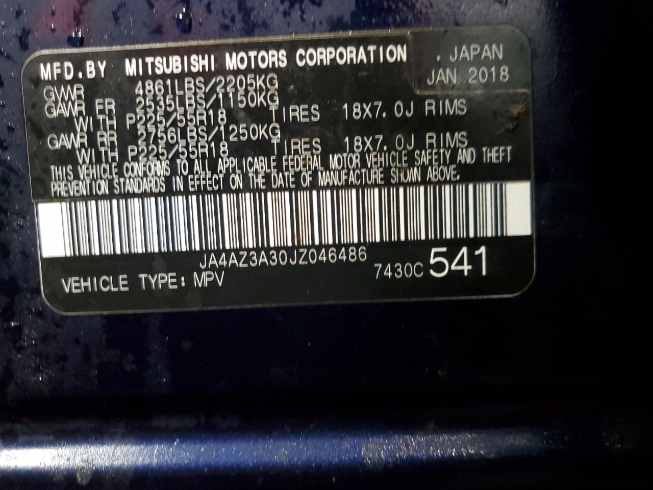 2018 Mitsubishi Outlander Se VIN: JA4AZ3A30JZ046486 Lot: 90344405