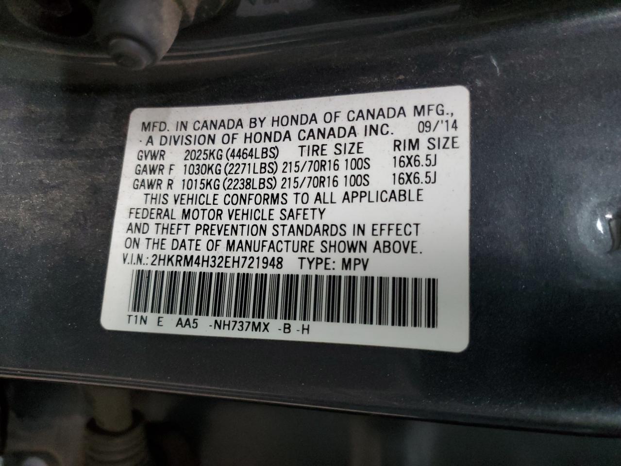 2014 Honda Cr-V Lx VIN: 2HKRM4H32EH721948 Lot: 92663245