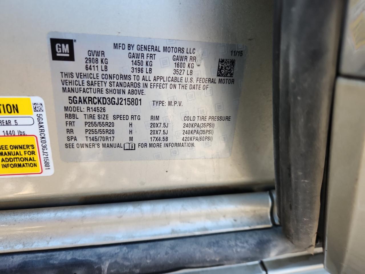 2016 Buick Enclave VIN: 5GAKRCKD3GJ215801 Lot: 91694165