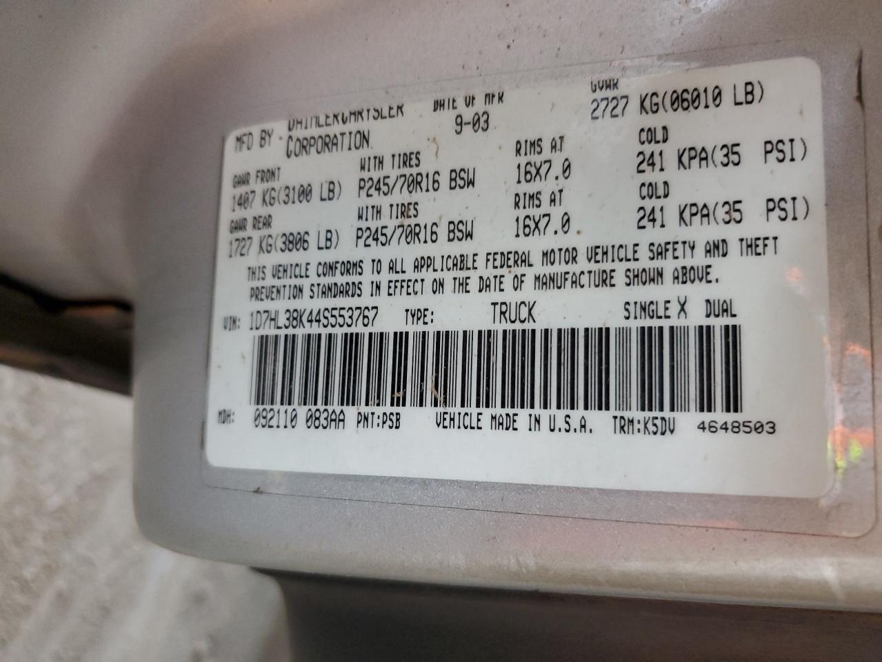 2004 Dodge Dakota Quad Sport VIN: 1D7HL38K44S553767 Lot: 93304895