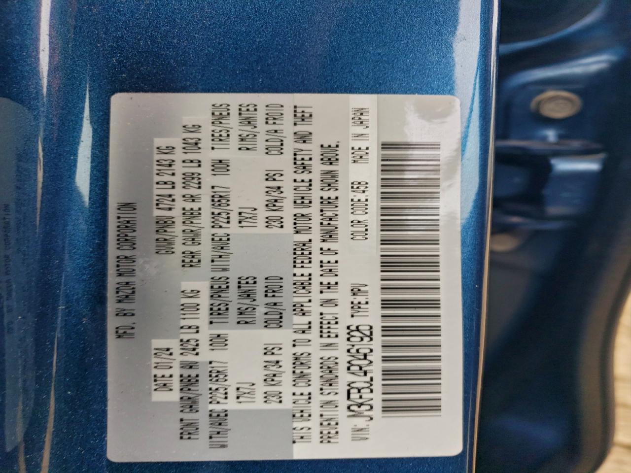 2024 Mazda Cx-5 Preferred VIN: JM3KFBCL4R0461926 Lot: 93930105