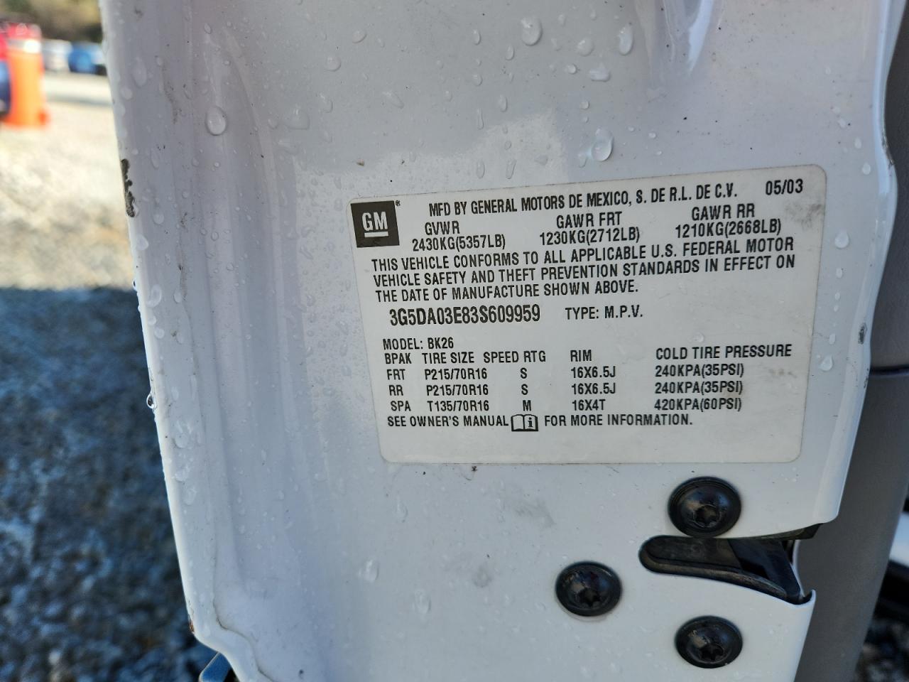 2003 Buick Rendezvous Cx VIN: 3G5DA03E83S609959 Lot: 91966685