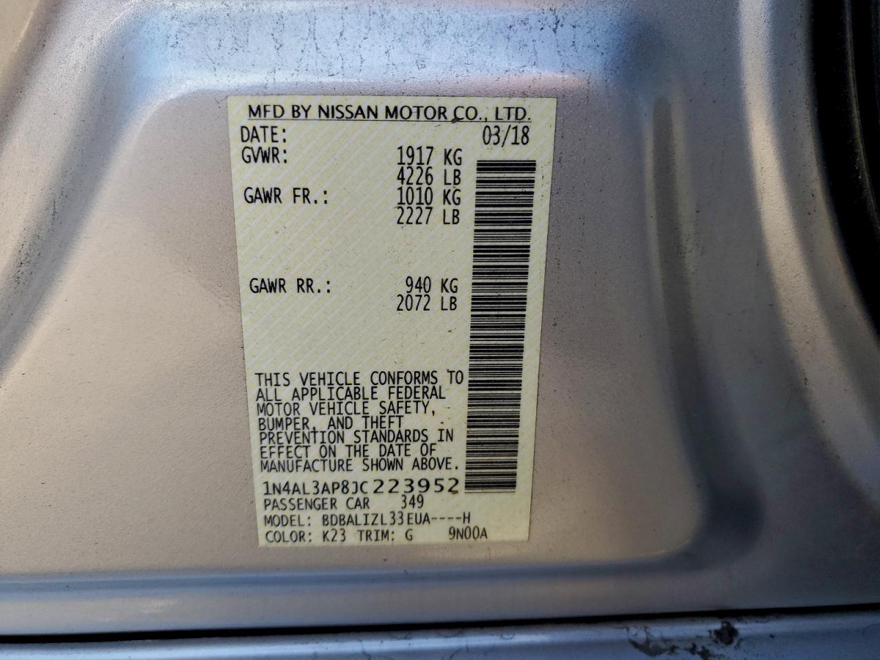 2018 Nissan Altima 2.5 VIN: 1N4AL3AP8JC223952 Lot: 93506135