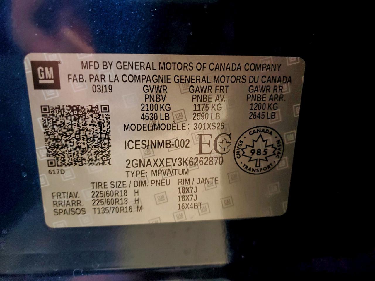 2019 Chevrolet Equinox Premier VIN: 2GNAXXEV3K6262870 Lot: 94598515