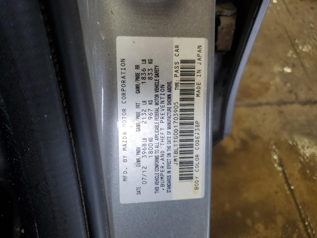 2013 Mazda 3 I VIN: JM1BL1TG0D1703905 Lot: 91114785