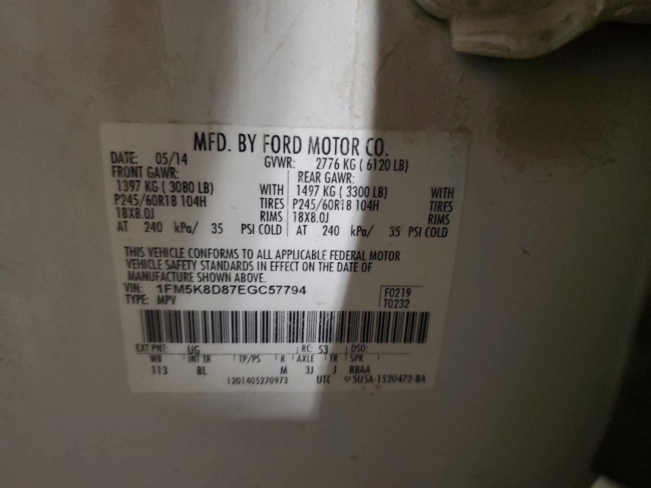 2014 Ford Explorer Xlt VIN: 1FM5K8D87EGC57794 Lot: 93660965