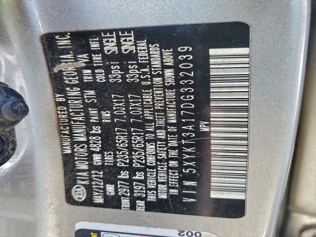 2013 Kia Sorento Lx VIN: 5XYKT3A17DG332039 Lot: 94544835