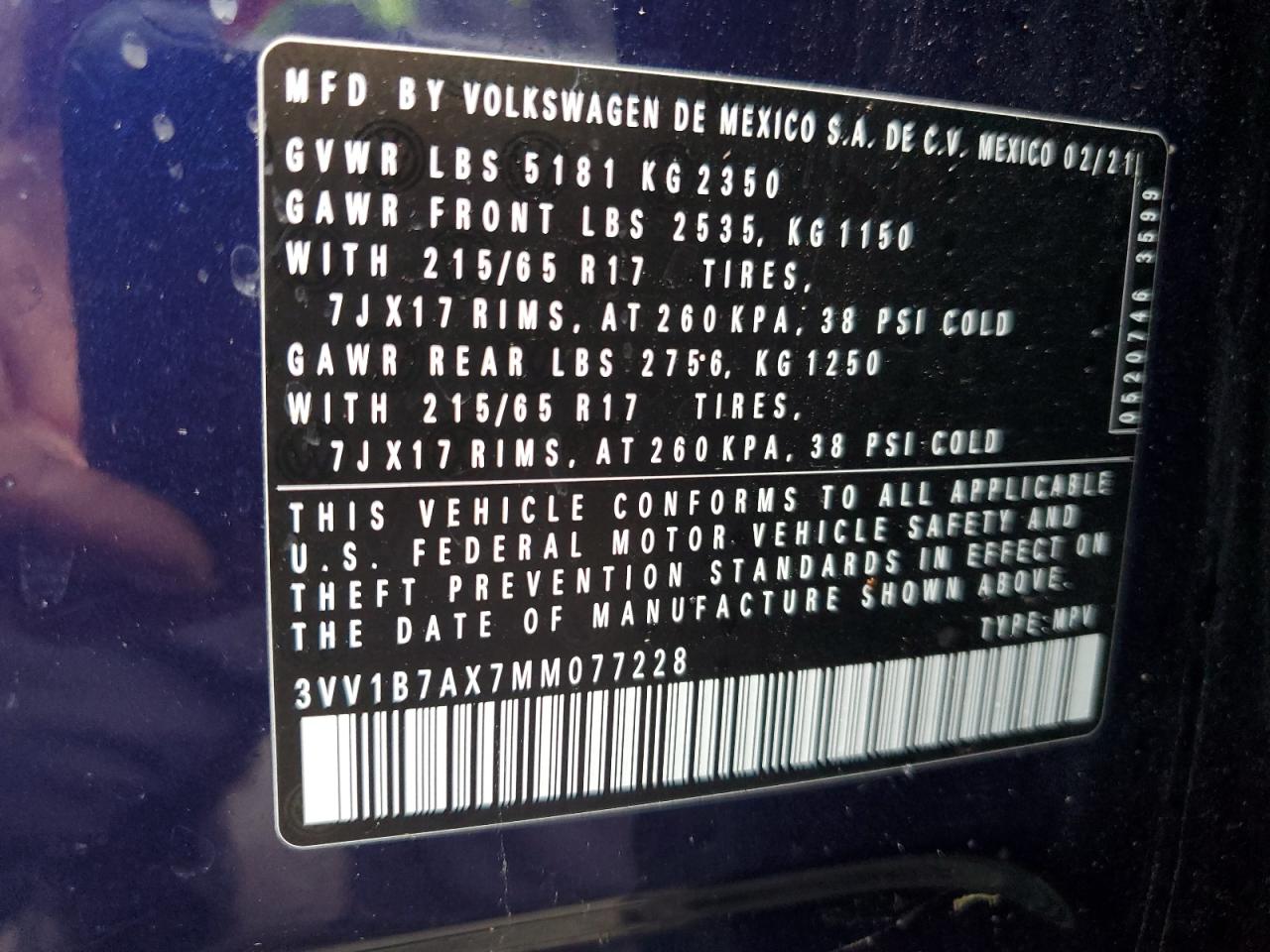 2021 Volkswagen Tiguan S VIN: 3VV1B7AX7MM077228 Lot: 92139055