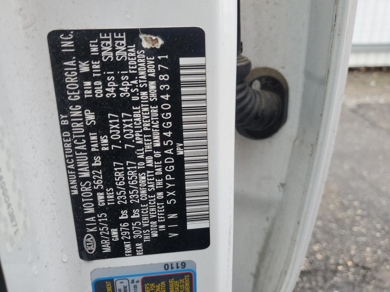 2016 Kia Sorento Lx VIN: 5XYPGDA54GG043871 Lot: 93429275